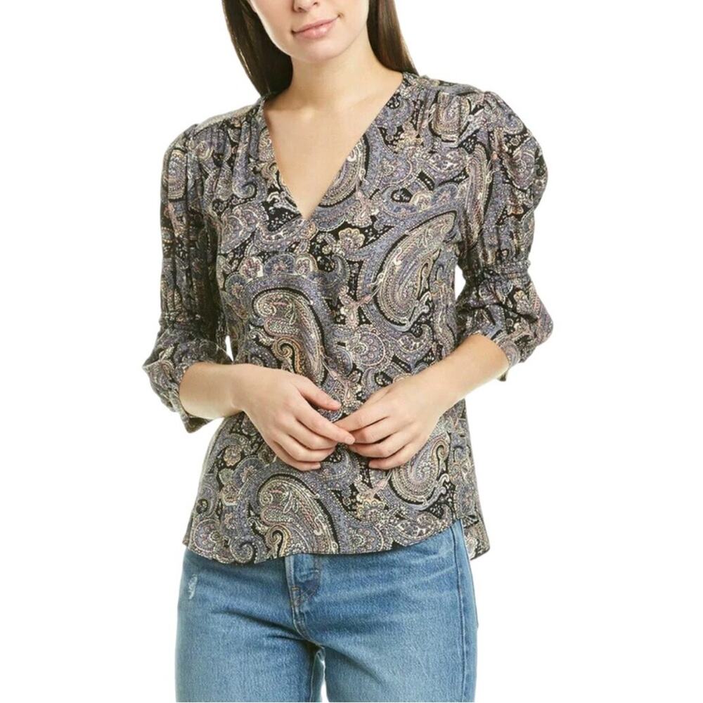 Rebecca Taylor Silk Paisley V-Neck Puff Sleeve Blouse 0
